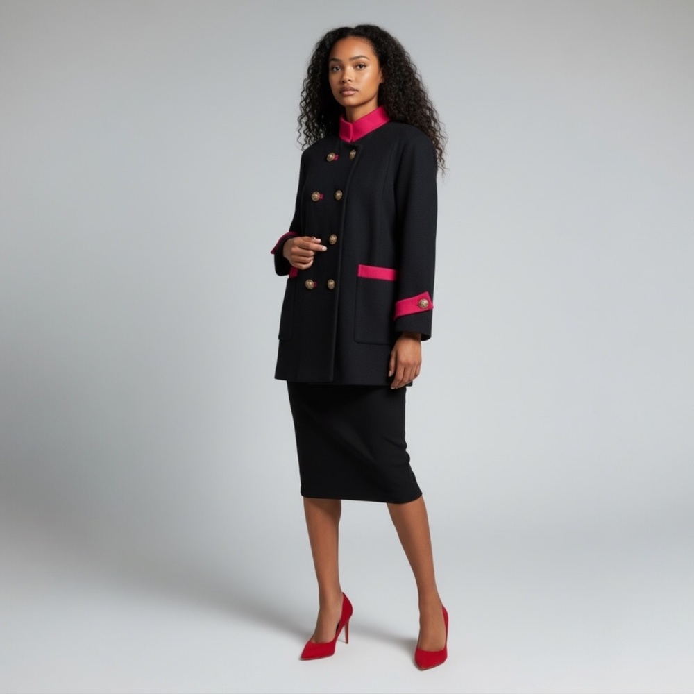 Vintage Lauren Meren Pea Coat Womens L 12 Black Red Wool Military 80s USA Fall